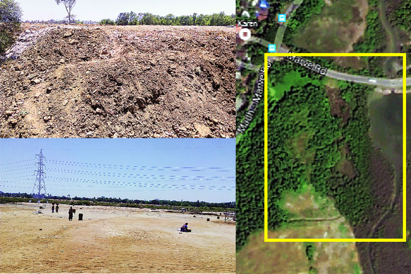 वरील छायाचित्रांमध्ये डावीकडे नौदलाकडून टाकण्यात आलेला भराव, तर उजवीकडे मच्छीमारांची मासे सुकवण्याची जागा. वरील छायाचित्रांमध्ये डावीकडे नौदलाकडून टाकण्यात आलेला भराव, तर उजवीकडे मच्छीमारांची मासे सुकवण्याची जागा.