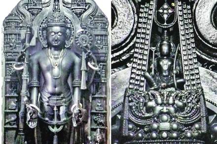 काळ्या पाषाणातील १० फुटी विष्णुमूती - मुकुटामध्ये आसनस्थ विष्णुमूर्ती
