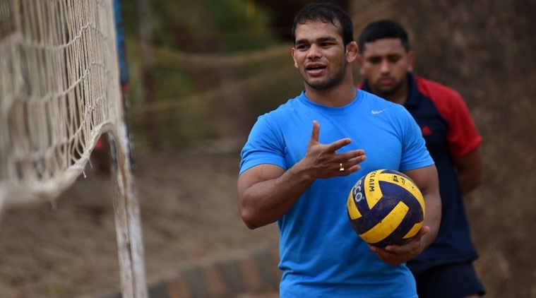 Wrestler Narsingh Yadav during the practice at SAI Complex , Kandivali East. Express Photo by Kevin D'Souza. 12.05.2016. Mumbai. *** Local Caption *** Wrestler Narsingh Yadav during the practice at SAI Complex , Kandivali East.