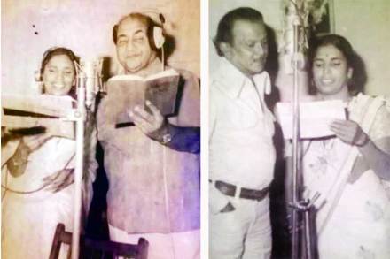 ‘अगं पोरी सांभाल दर्याला’ गाण्याच्या ध्वनिमुद्रणाच्या वेळी पुष्पा पागधरे व मोहमंद रफी
संगीतकार राम कदम यांच्यासमवेत पुष्पा पागधर ‘अगं पोरी सांभाल दर्याला’ गाण्याच्या ध्वनिमुद्रणाच्या वेळी पुष्पा पागधरे व मोहमंद रफी
संगीतकार राम कदम यांच्यासमवेत पुष्पा पागधर