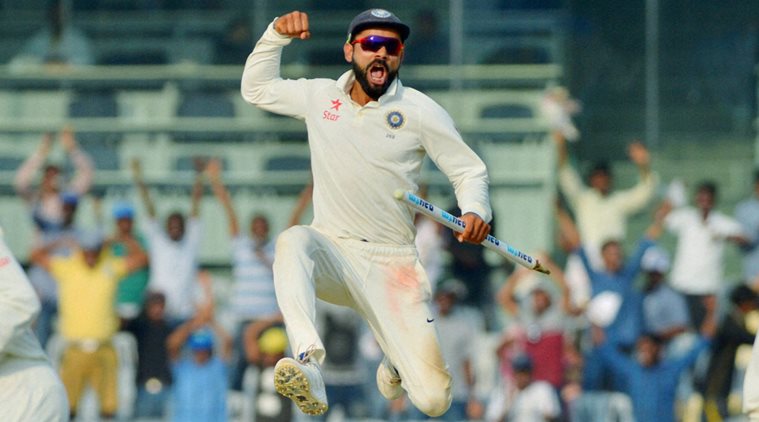 Chennai: India's captain Virat Kohli celebrating the victory over England in the fifth cricket test match at MAC Stadium in Chennai on Tuesday. India won the match by an innings and 75 runs. PTI Photo by R Senthil Kumar (PTI12_20_2016_000176A)