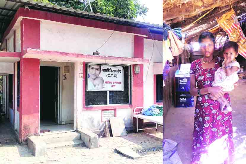 वाडा तालुक्यातील ग्रामीण रुग्णालयात शस्त्रक्रिया शिबिरातील रुग्णांना बालचिकित्सा केंद्रात जागा देण्यात आल्याने कुपोषित मुलांवरील उपचार बंद ठेवण्यात आले. कुपोषणामुळे मृत्यू झालेल्या सागर वाघची आई तिच्या मुलीसोबत. 