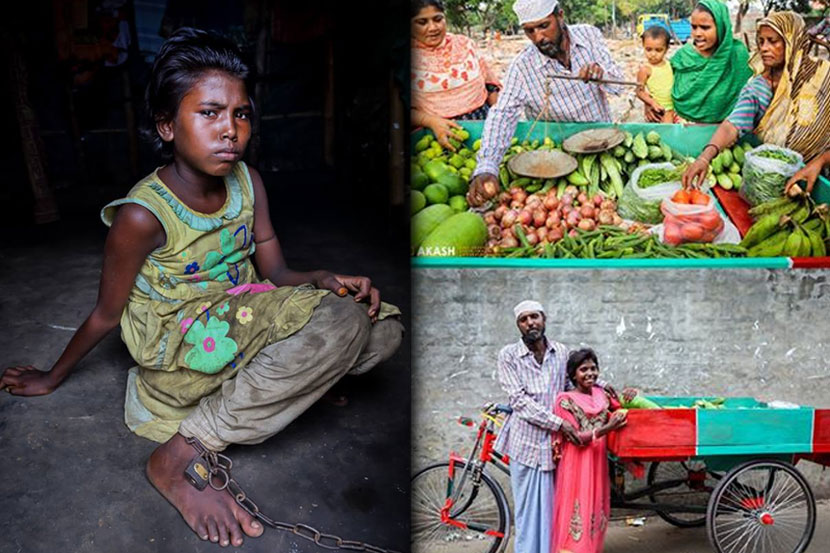 बांधून ठेवण्यात आलेली मुलगी आणि तिच्या वडिलांबरोबर भाजीचा व्यवसाय करतानाचे तिचे छायाचित्र, छायासौजन्य - जीएमबी आकाश