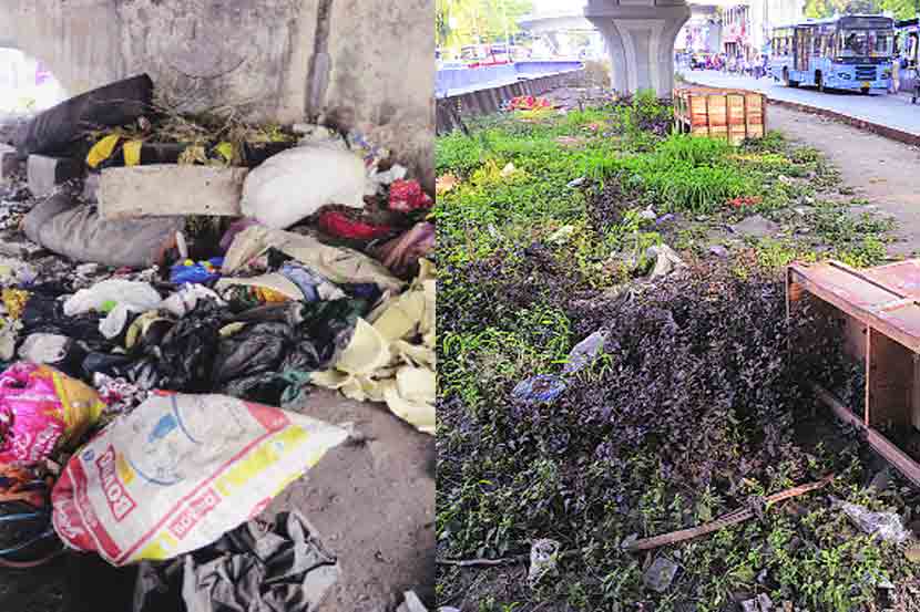 उड्डाणपुलाखालील मोकळ्या जागा अतिक्रमणांच्या विळख्यात सापडलेल्या असतानाच या जागांमध्ये कचरा आणि राडारोडाही टाकण्यात येत आहे. शहराच्या विविध भागांतील उड्डाणपुलाखालील जागांची स्थिती स्पष्ट करणारी ही छायाचित्रे. 