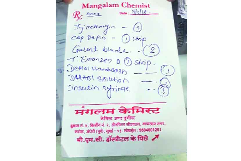 पालिकेच्या मरोळ प्रसूतिगृहातील रुग्णांना देण्यात येणारी औषधांची चिठ्ठी. पालिकेच्या मरोळ प्रसूतिगृहातील रुग्णांना देण्यात येणारी औषधांची चिठ्ठी.