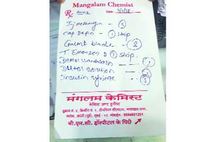 पालिकेच्या मरोळ प्रसूतिगृहातील रुग्णांना देण्यात येणारी औषधांची चिठ्ठी. पालिकेच्या मरोळ प्रसूतिगृहातील रुग्णांना देण्यात येणारी औषधांची चिठ्ठी.