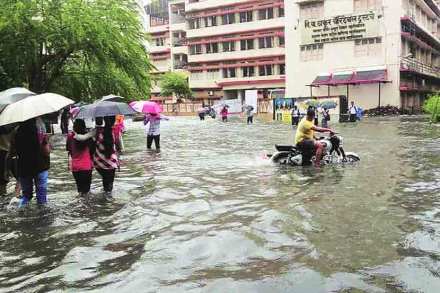 वसईच्या विवा महाविद्यालय परिसरात पाणी साचल्याने विद्यार्थ्यांना पाण्यातूनच वाट काढावी लागली.