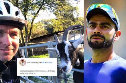 बोकडासोबत घेतलेल्या सेल्फीला मायकल वॉनने दिलं विराटचं नाव, नेटिझन्स भडकले बोकडासोबत घेतलेल्या सेल्फीला मायकल वॉनने दिलं विराटचं नाव, नेटिझन्स भडकले