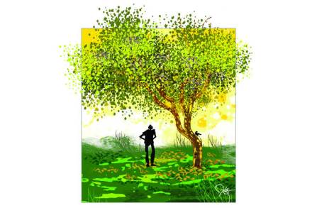 प्रखर पिवळे ऊन आहे. हिरवळ आता म्लान आहे. जांभळीचे झाड तीवर सावलीचे ठिपके पाडत उभे आहे. खिडकीतून ठिपके पाहताना हिरवळ हसल्याचा भास होतो.