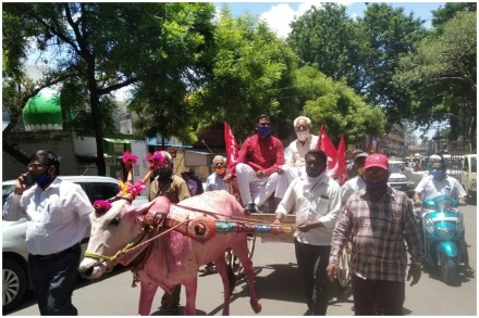 11 हजार कामगार विषयक मागण्यांचे निवेदन बैलगाडीतून नेवून सादर