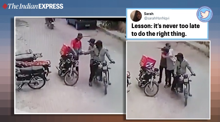 CCTV : डिलिव्हरी बॉयला लुटण्यासाठी आले पण गळाभेट घेऊन गेले