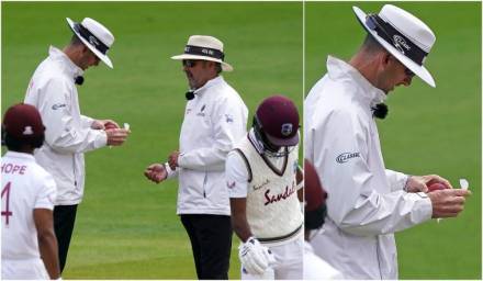 पंच चेंडू सॅनिटाईज करताना (फोटो सौजन्य - ESPNCricinfo)