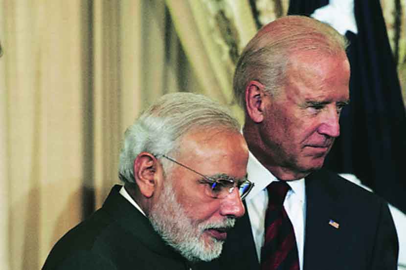 पंतप्रधान नरेंद्र मोदी यांचे जो बायडेन यांच्यासह छायाचित्र २०१५ सालचे,
 पंतप्रधान नरेंद्र मोदी यांचे जो बायडेन यांच्यासह छायाचित्र २०१५ सालचे,