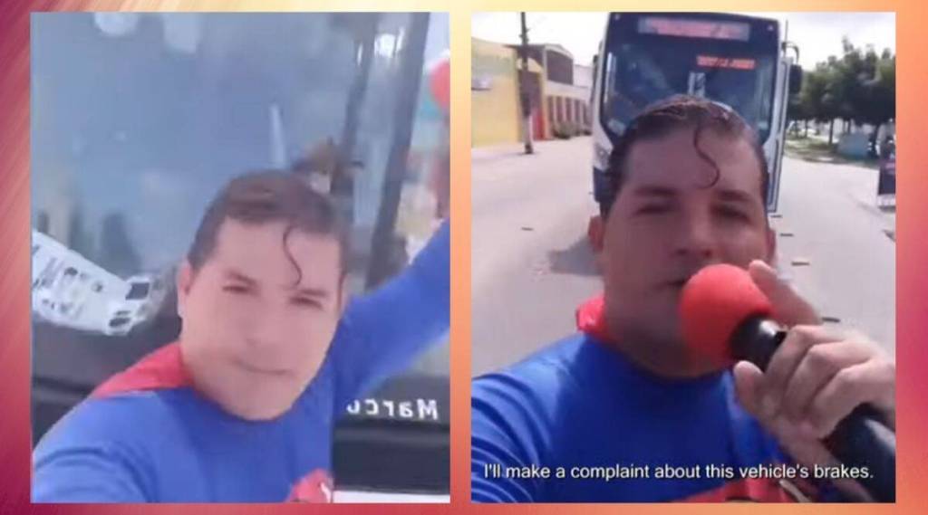 Video Superman trying to stop a moving bus by hand Fell down due to the impact of the bus