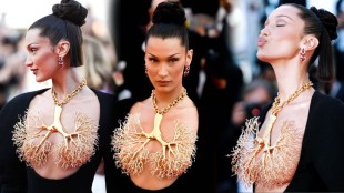 Bella Hadid Gold Lung Necklace At Cannes
