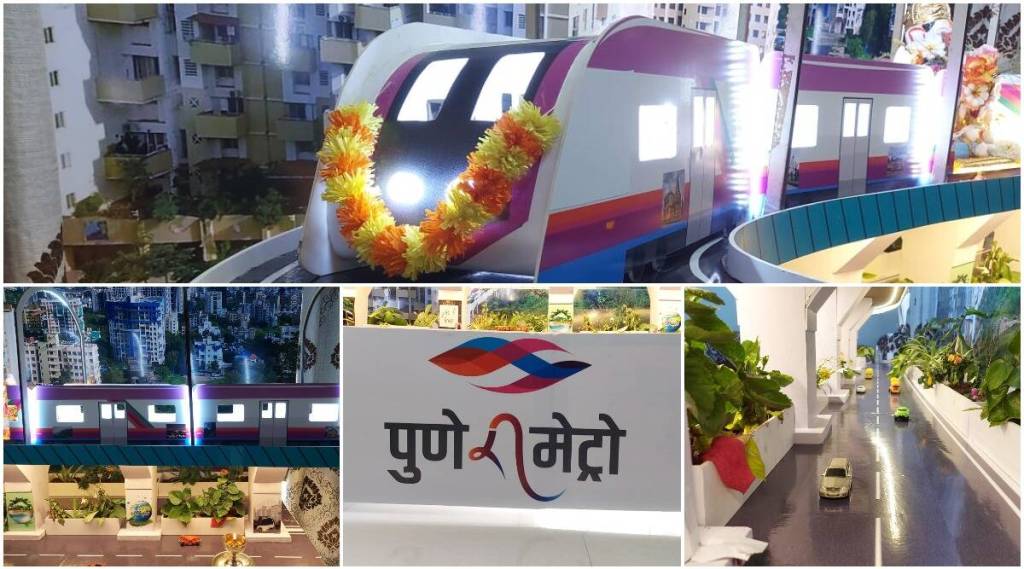 पुण्यात घरगुती गणपती बाप्पा समोर साकारला ‘पुणेरी मेट्रो’चा देखावा