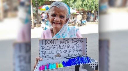 Grandma selling pen on street