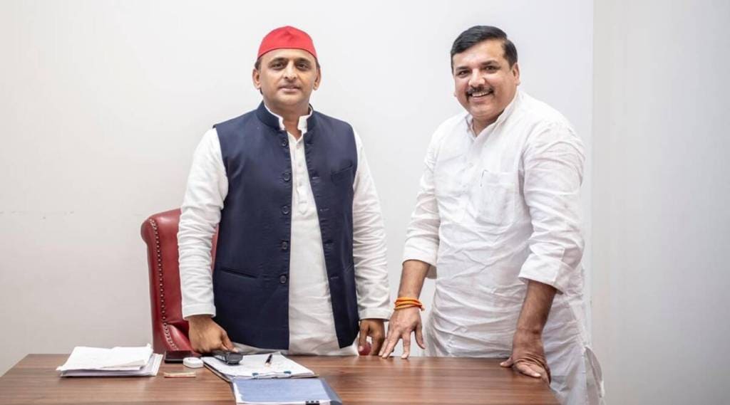 AAP MP Sanjay Singh and SP leader Akhilesh Yadav.