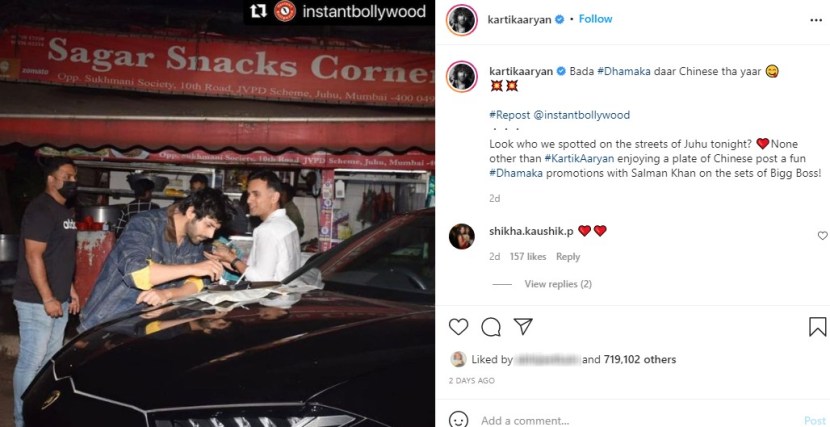 Chinese van food on Lamborghini bonnet Kartik Aaryan roadside foodscape on way back from Bigg Boss 15