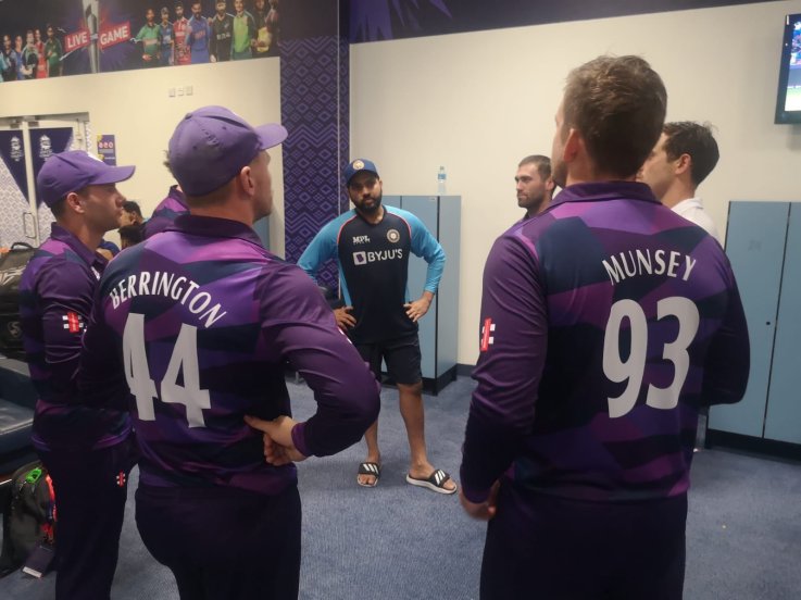 Scotland players visit Indian dressing room