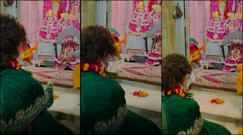 शनिवारी दुपारी अचानक कंगना मथुरामधील वृंदावनमध्ये दाखल झाली. यावेळी तिने श्री कृष्णाचे दर्शन घेतले.