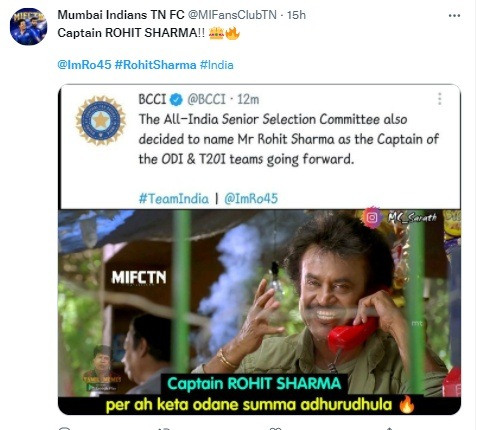 रजनीकांतच्या डायलॉगनं रोहितचं अभिनंदन