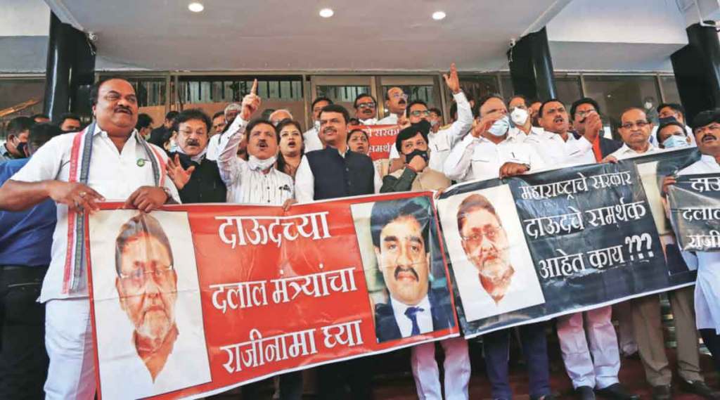 मलिकांच्या राजीनाम्यावरून गोंधळ ; विधिमंडळात विरोधकांची जोरदार घोषणाबाजी