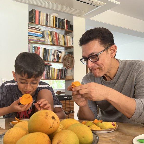 आमिरने शेअर केलेल्या या फोटोत तो आणि त्याचा मुलगा दिसत आहे. त्यांच्या समोर आंब्याने भरलेले ताट पाहायला मिळत आहे.