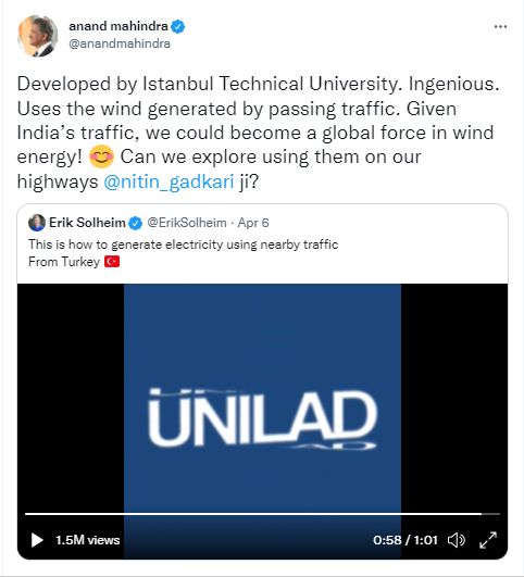 एरिक सोलहीम ग्रीन बेल्ट अॅण्ड रोड इन्स्टिट्यूटचे अध्यक्ष आहेत. त्यांच्या ट्वीटला आनंद महिंद्रा यांनी ट्वीट केलं आहे. आनंद महिंद्रा यांनी नितीन गडकरींना आपण हे आपल्या रस्त्यांवर आणि हायवेवर लावू शकतो का ? अशी विचारणा केली आहे.
