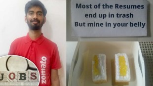 in bengaluru student Wearing Zomato T-Shirt and Delivers Resume In Pastry Box