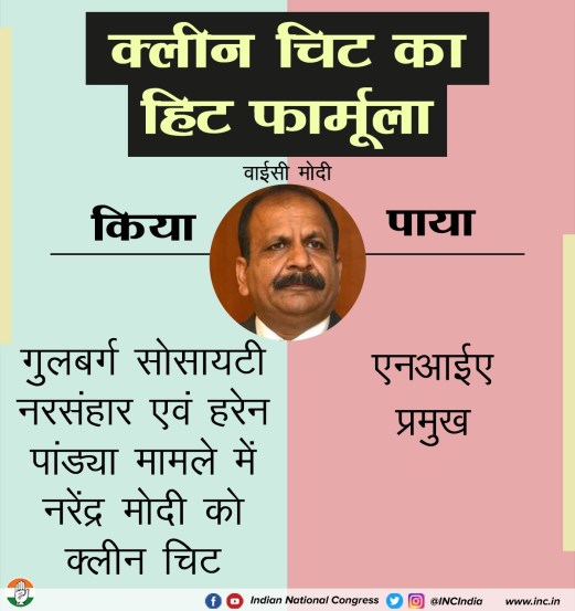 ६. वाय. सी. मोदी यांनी गुलबर्ग सोसायटी हत्याकांड व हरेन पांड्या प्रकरणात नरेंद्र मोदींना क्लीन चिट दिली. त्यांची एनआयए प्रमुखपदी नियुक्ती झाली.