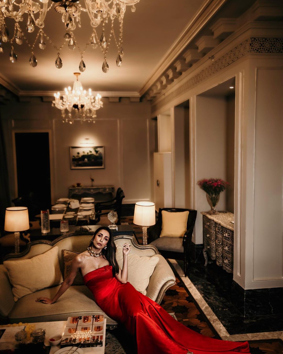 strapless open back dress Malaika Arora in our Red Emroidered Kalidar Jacket Set  Bhumika Sharma