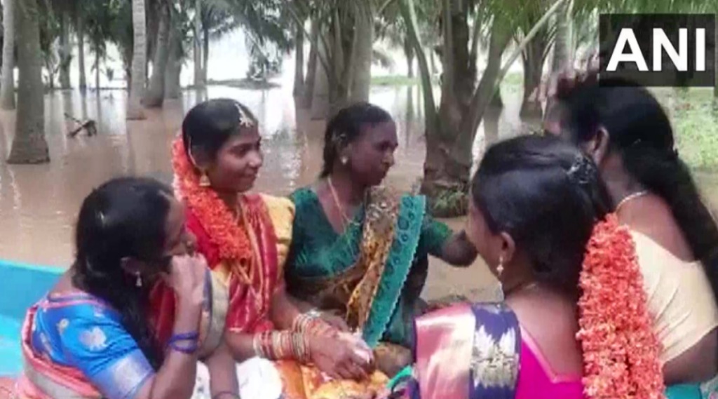 A couple was wed amid flood situation in the Konaseema district