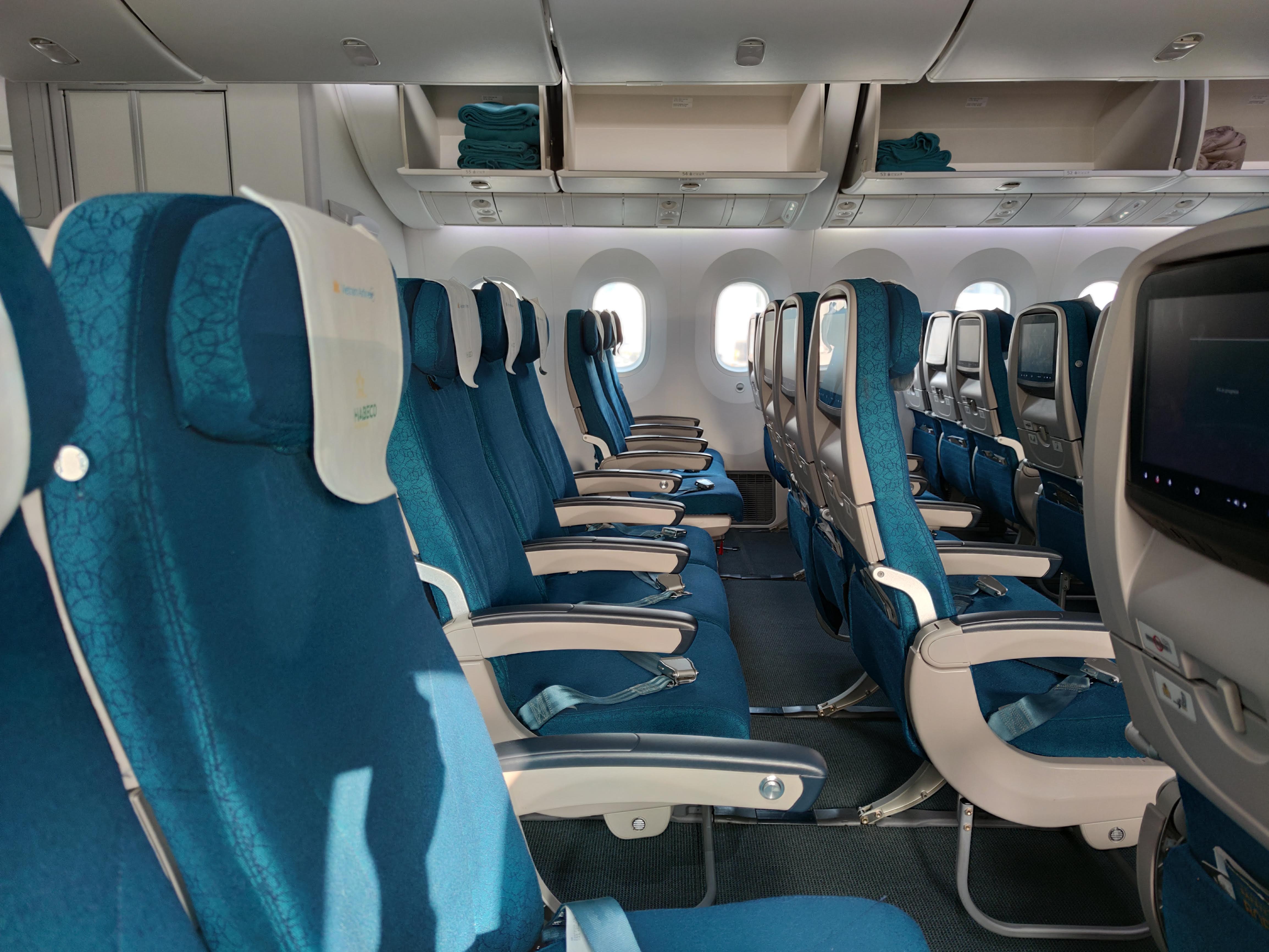 the seats in the plane is often blue