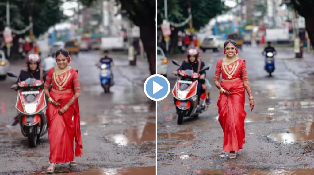 Wedding photo shoot on road full of potholes