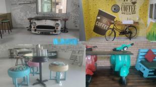 Old scooters, breakfast tables on cars, wash basins on bicycles; Mahametro canteen made from waste materials