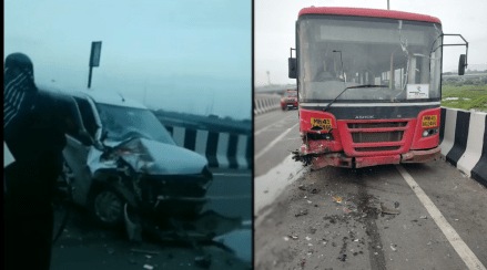 N.M.M.T Bus and Wagoner car accident on on Karal bridge navi mumbai