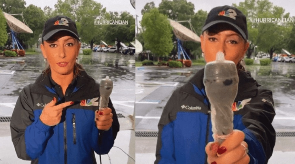 Women Journalist Puts condom on mike while reporting Florida hurricane Women Journalist Puts condom on mike while reporting Florida hurricane