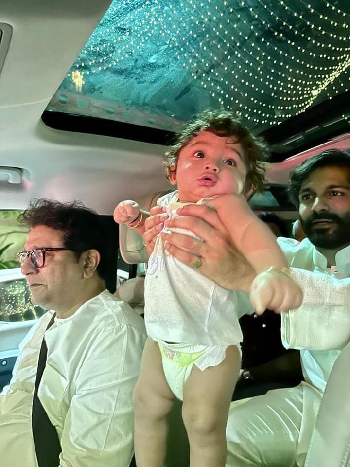raj thackeray car drive with grandson Kian Amit Thakceray after mns shivaji park deepotsav ignoration by cm eknath shinde dcm devendra fadnavis