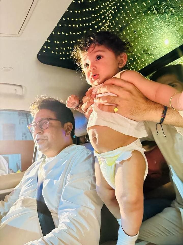 raj thackeray car drive with grandson Kian Amit Thakceray after mns shivaji park deepotsav ignoration by cm eknath shinde dcm devendra fadnavis