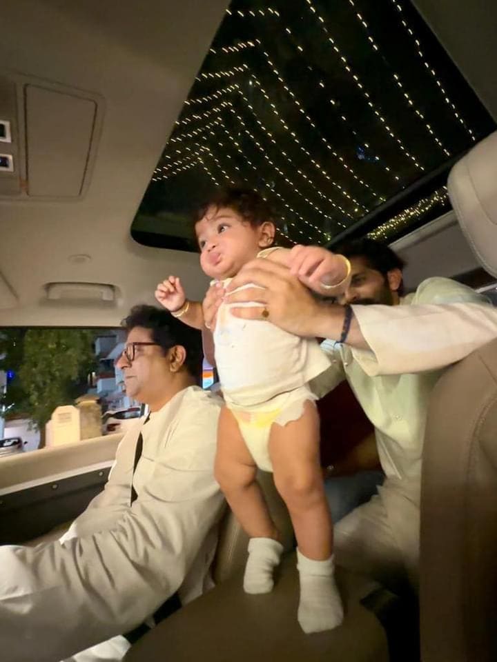 raj thackeray car drive with grandson Kian Amit Thakceray after mns shivaji park deepotsav ignoration by cm eknath shinde dcm devendra fadnavis