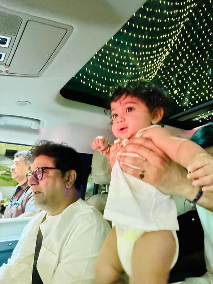 raj thackeray car drive with grandson Kian Amit Thakceray after mns shivaji park deepotsav ignoration by cm eknath shinde dcm devendra fadnavis