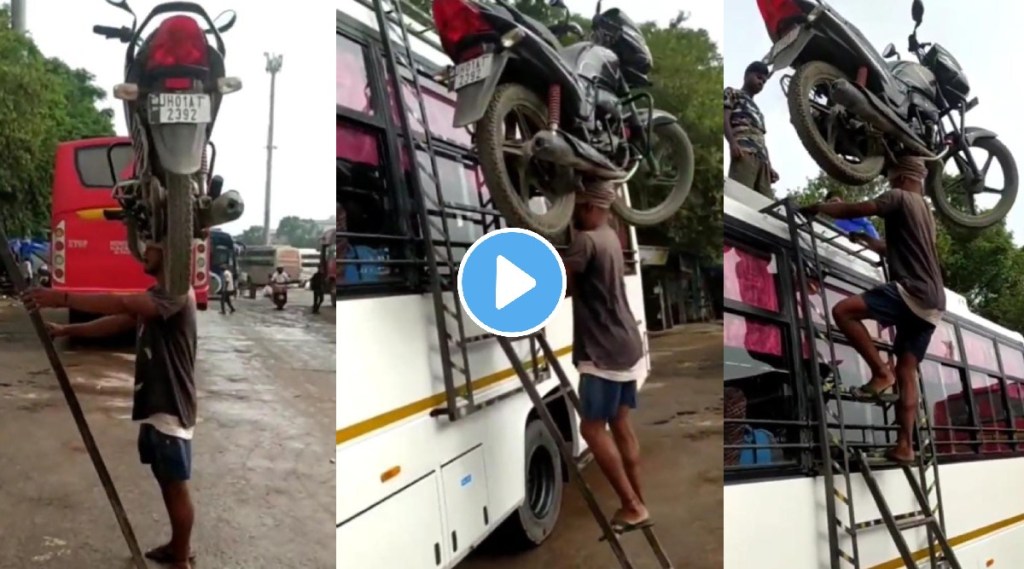 Viral Video Man climbs bus with bike on his head internet is stunned