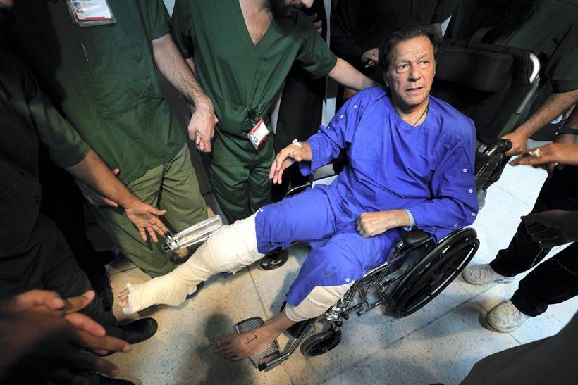 former Pakistan Prime Minister and Pakistan Tehreek-e-Insaf chief Imran Khan suffered a bullet injury when two gunmen fired a volley of bullets at him and others mounting on a container-mounted truck in the Wazirabad area of Punjab province, where he was leading a protest march against the Shehbaz Sharif government. Khan's protest march and rallies were peaceful until the afternoon attack on Thursday. (AP)