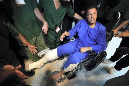 former Pakistan Prime Minister and Pakistan Tehreek-e-Insaf chief Imran Khan suffered a bullet injury when two gunmen fired a volley of bullets at him and others mounting on a container-mounted truck in the Wazirabad area of Punjab province, where he was leading a protest march against the Shehbaz Sharif government. Khan's protest march and rallies were peaceful until the afternoon attack on Thursday. (AP)