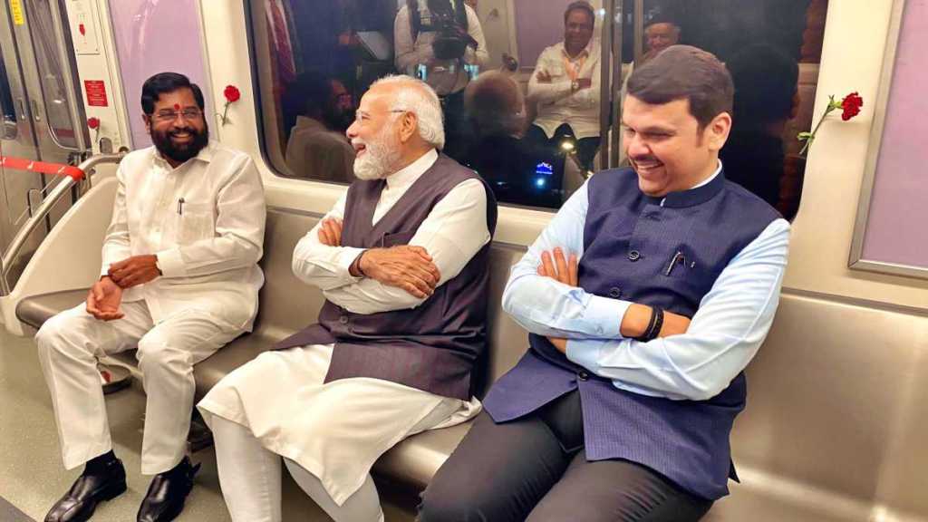 Narendra Modi Eknath Shinde Devendra Fadnavis Laughing Narendra Modi Eknath Shinde Devendra Fadnavis Laughing