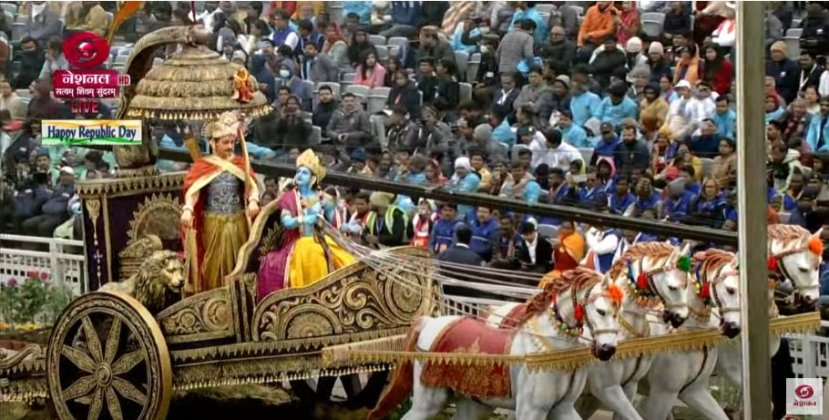 अर्जुनाचे सारथ्य करताना भगवान श्रीकृष्णाला दर्शवण्यात आले.