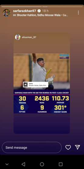 Sarfaraz Khan's second Insta Story