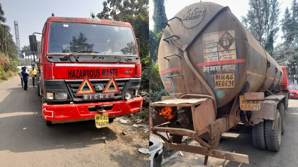 अंबरनाथ औद्योगिक वसाहतीमधील टाकाऊ रसायनांचे दोन टॅंकर तळोजातील नाल्यात रिते करताना रंगेहाथ पकडले