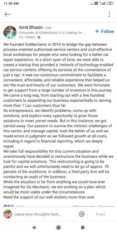 gomechanic amit bhasin linkedin post